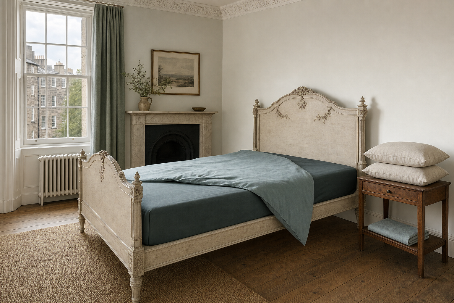 Elegant bedroom with a vintage bed, side table, and a large window overlooking older buildings.