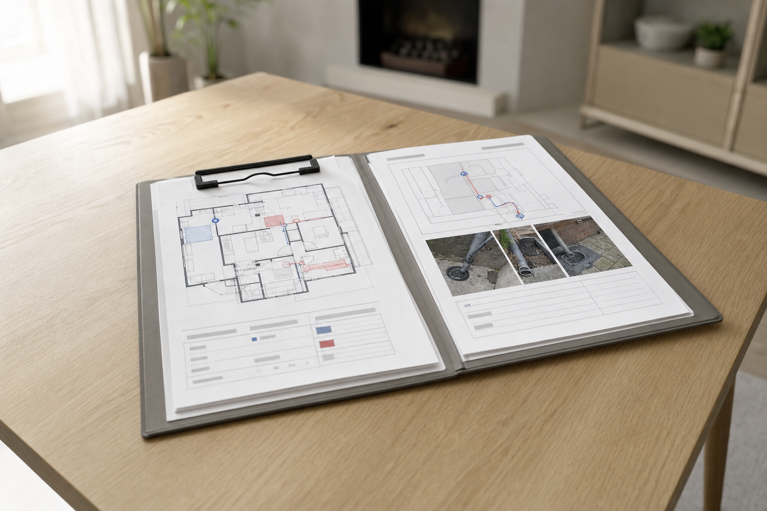 Open binder on a wooden table displaying architectural plans and drainage system photographs.