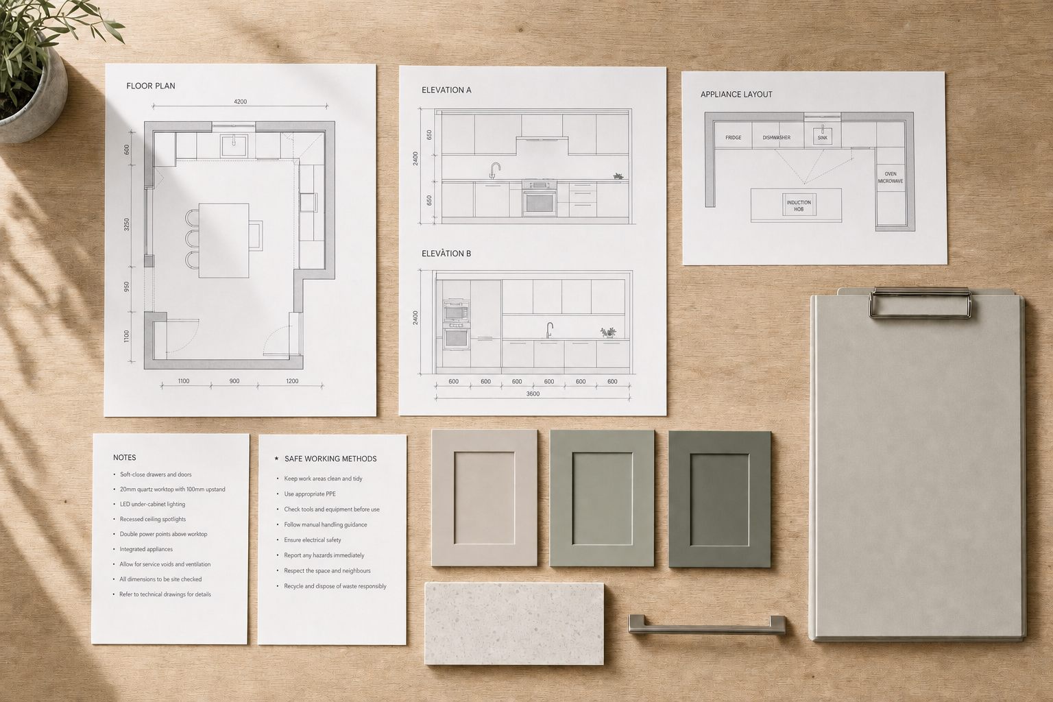 Architectural plans and design materials for a kitchen layout displayed on a wooden table.