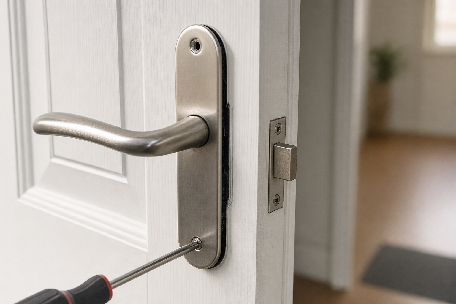 A screwdriver is tightening a screw on a door handle with a white background.