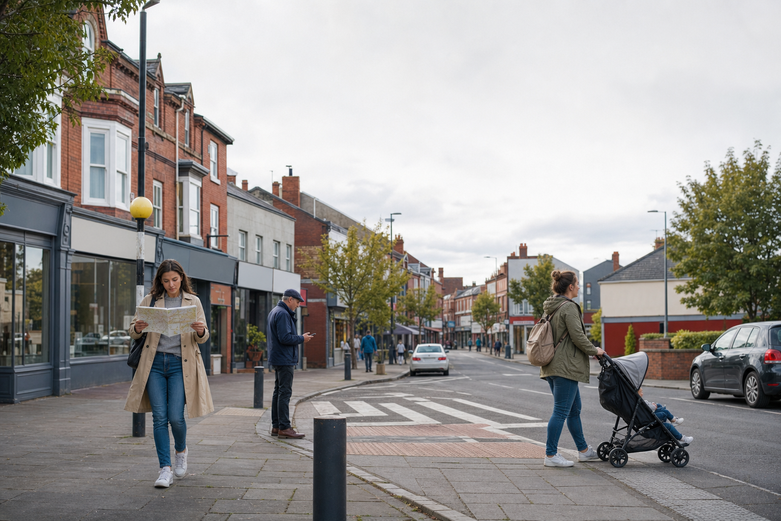 People walking on a pedestrian street with shops, a woman reading a map, and another with a pram.