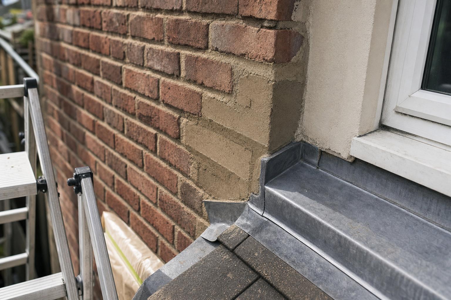 Close-up of brickwork repair on a house wall next to a window, with a metal roof flashing and a ladder nearby.