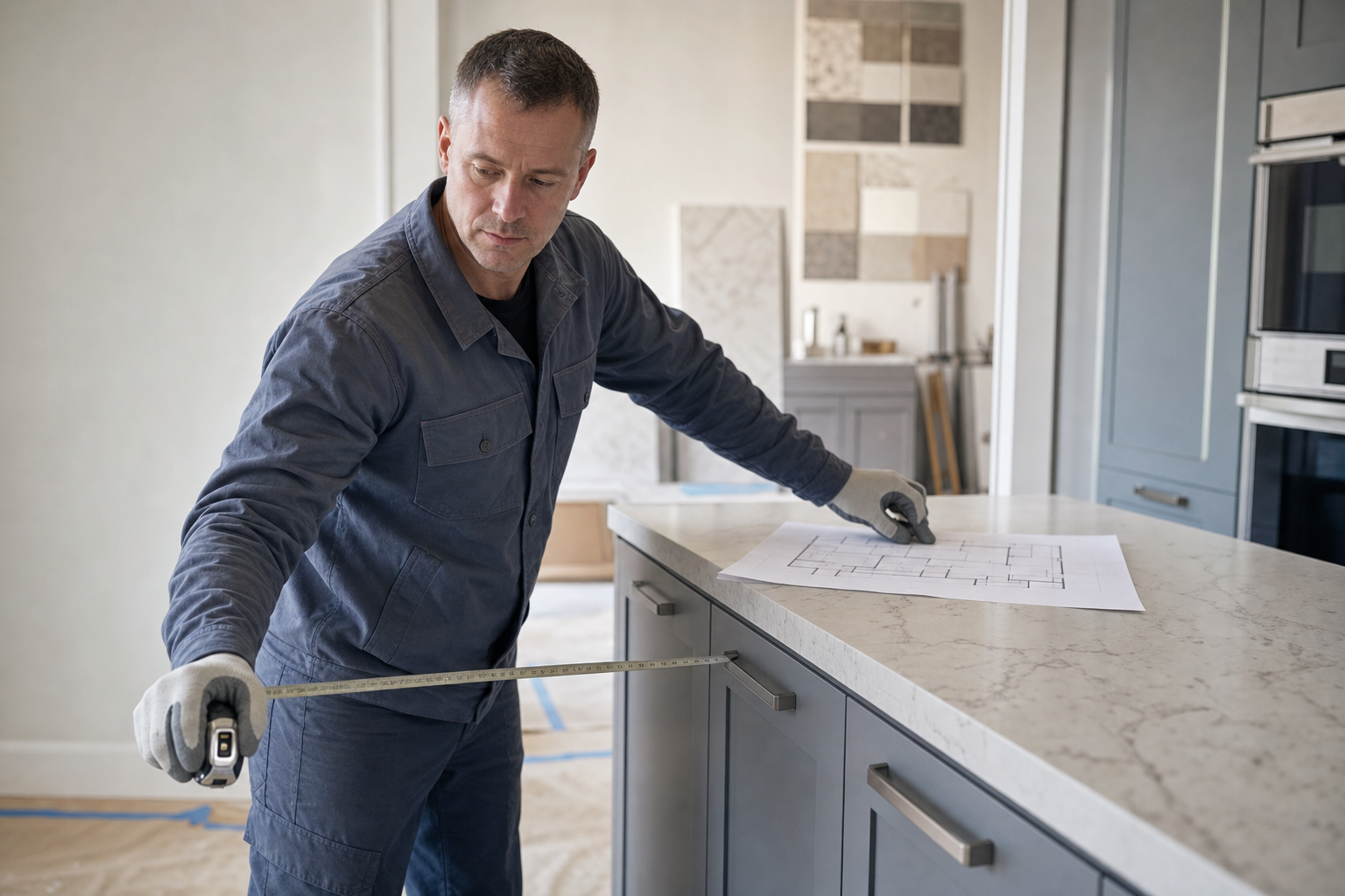 A man in work attire measures a kitchen counter while examining blueprints.