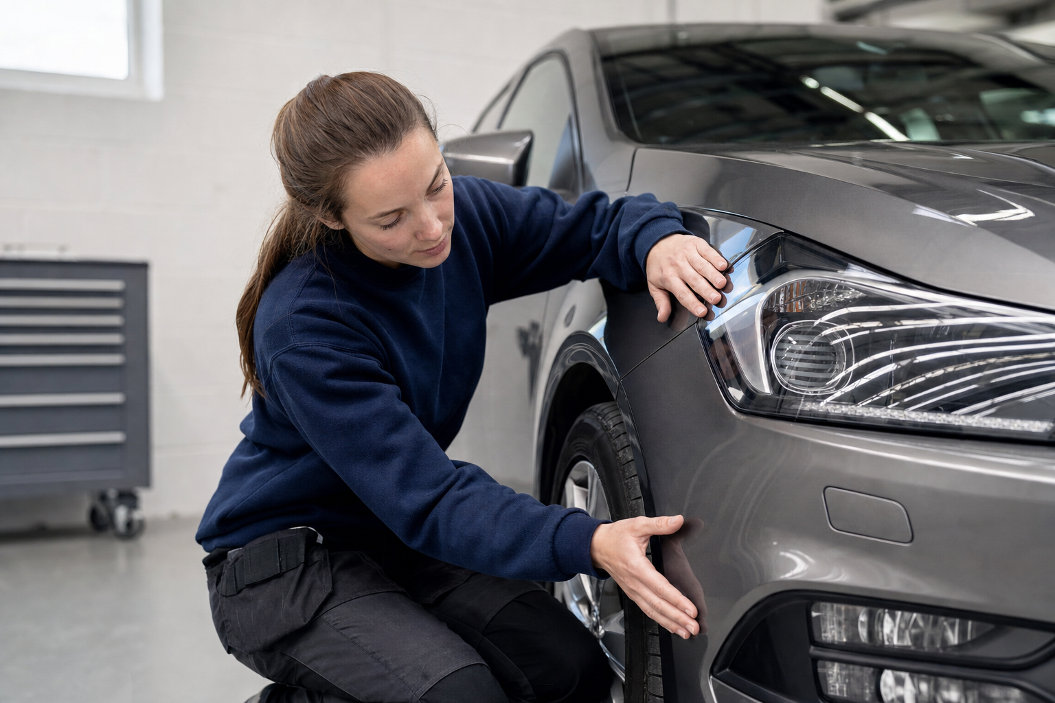 A mechanic inspects the front bumper of a grey car in a workshop setting.