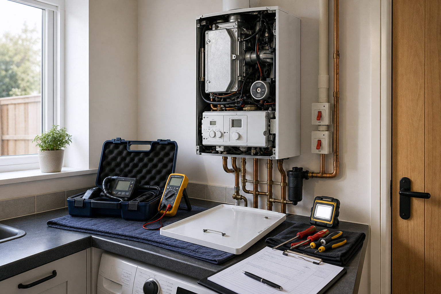 Open boiler system with tools and diagnostic equipment on a counter in a utility room.