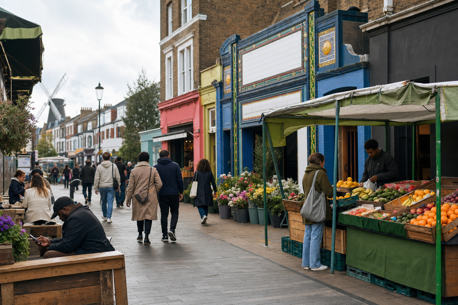 A busy street market with colourful shopfronts and people browsing a fruit and vegetable stall.