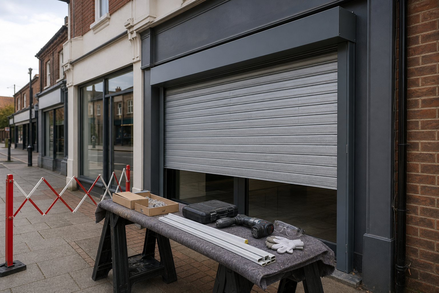 A closed storefront with construction materials and equipment on a table outside.
