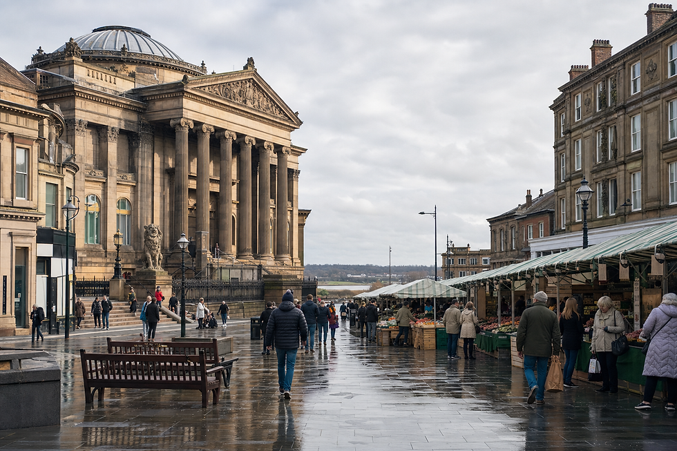 A bustling outdoor market with shoppers on a wet day, beside a grand historical building with columns and a dome.