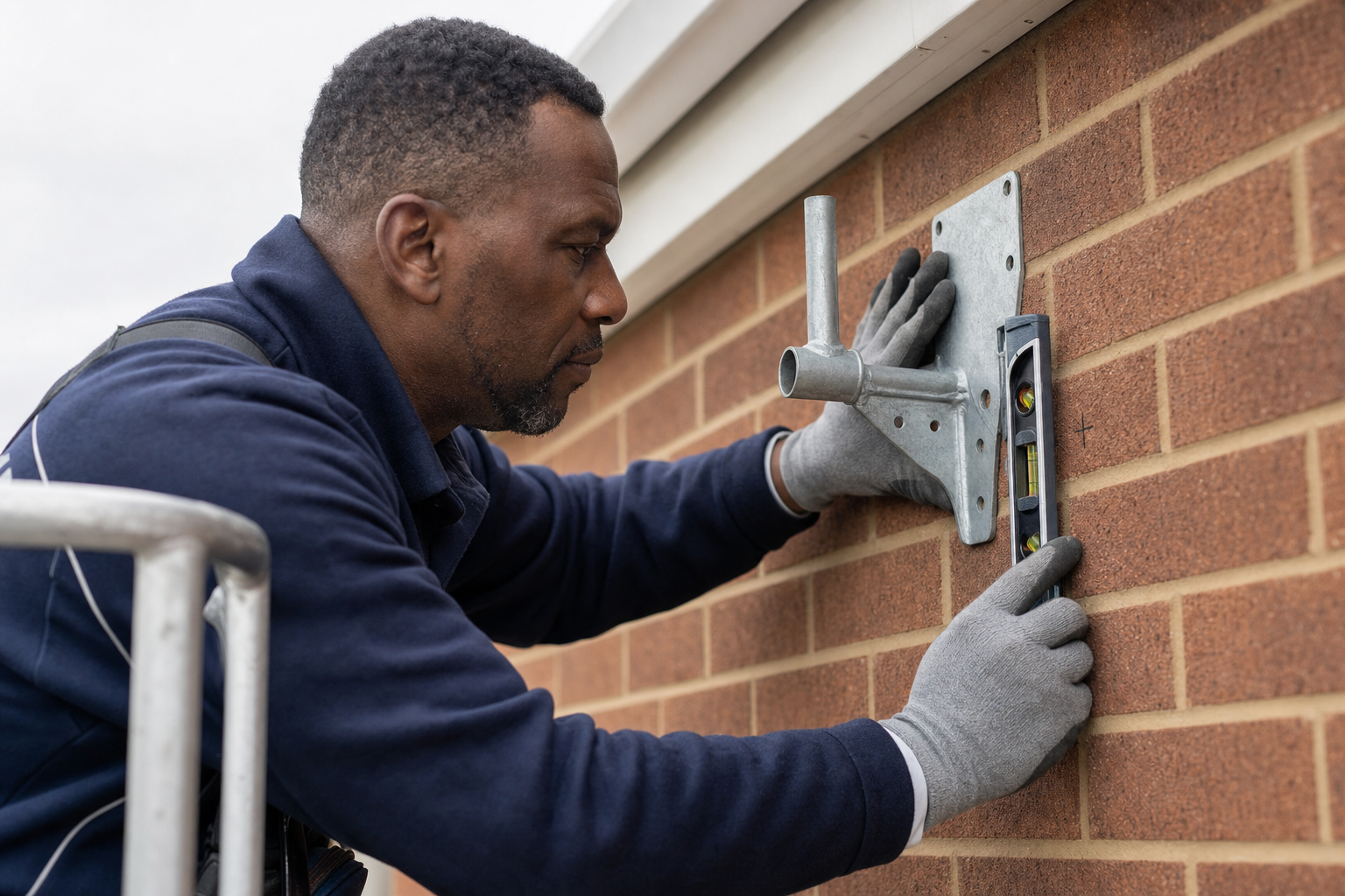 A technician wearing gloves uses a spirit level to install a metal bracket on a brick wall.