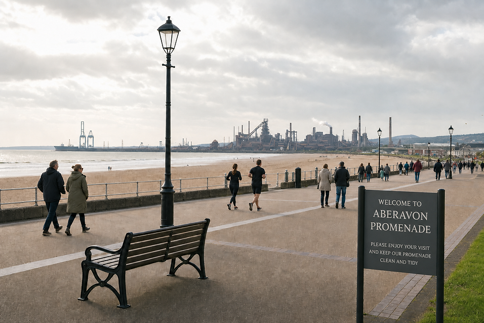 People stroll and jog along Aberavon Promenade with an industrial landscape in the background on a cloudy day.