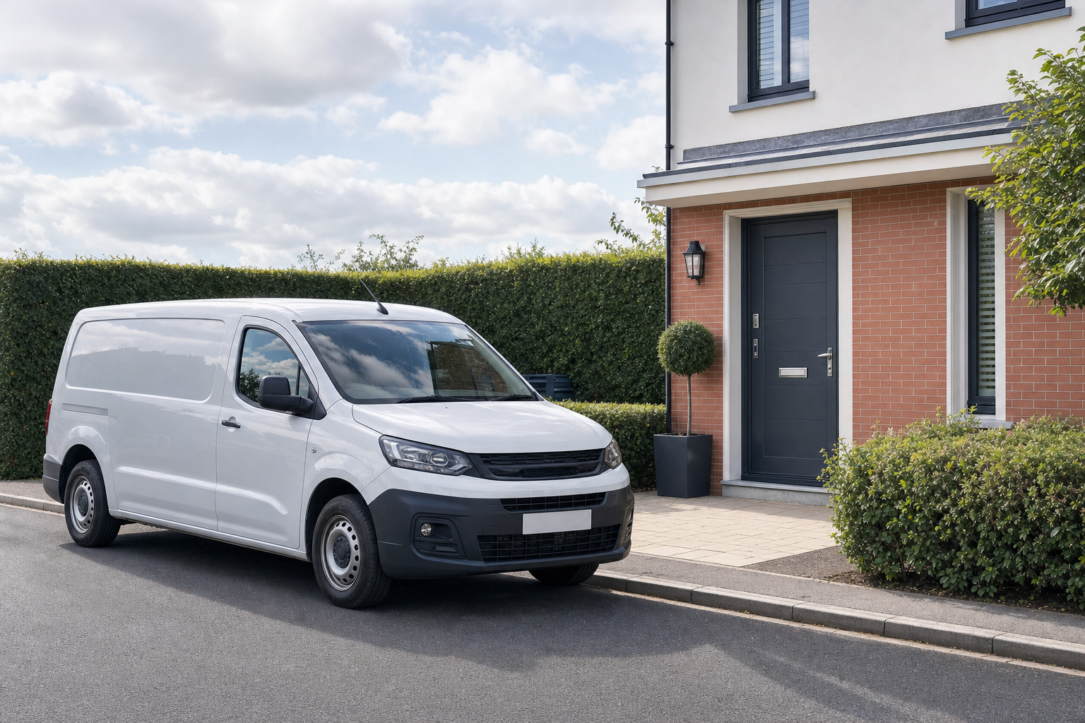 White delivery van parked on a residential street next to a modern brick house with green hedges.