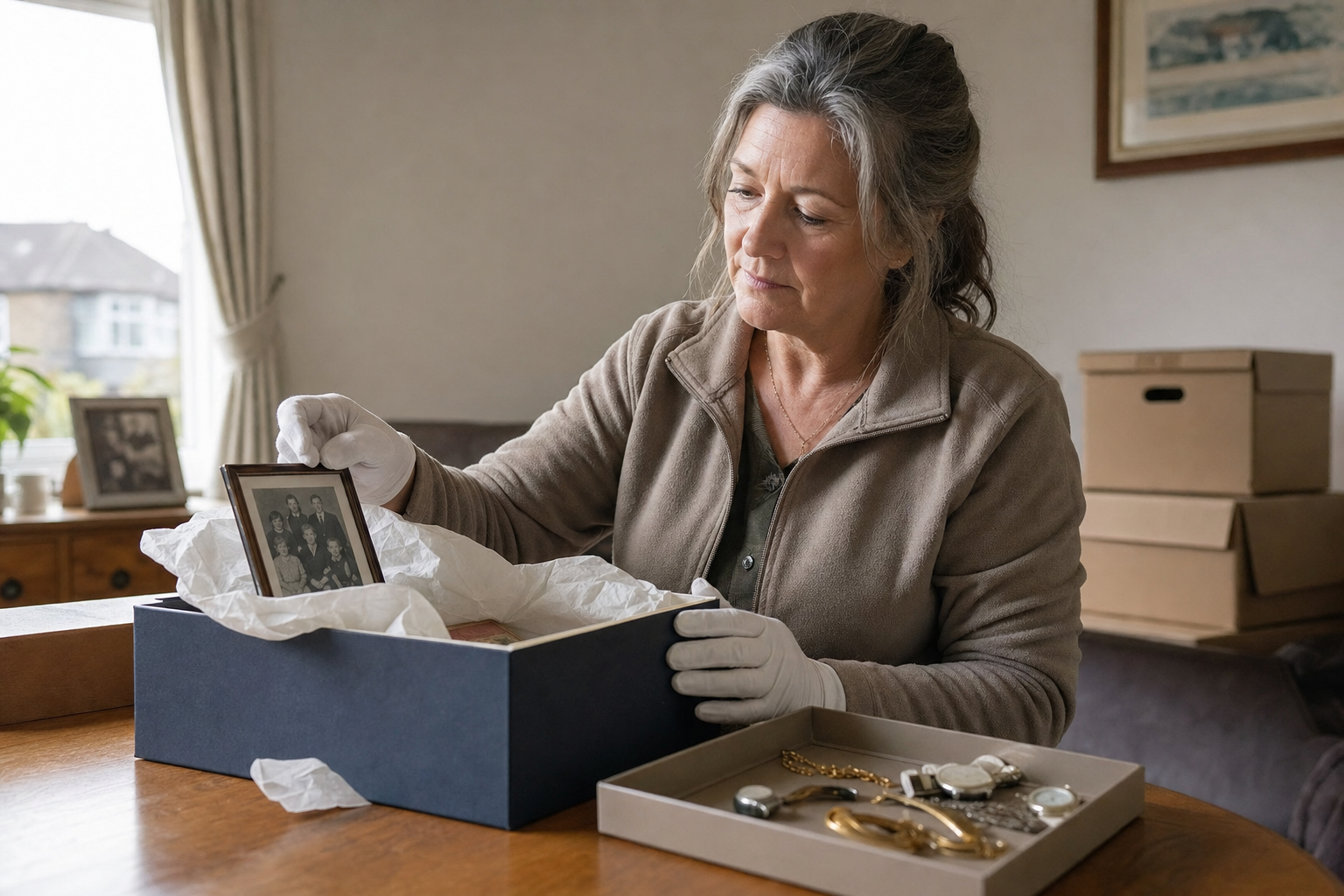 Woman wearing gloves examines a framed family photograph from a box beside sentimental items on a table.