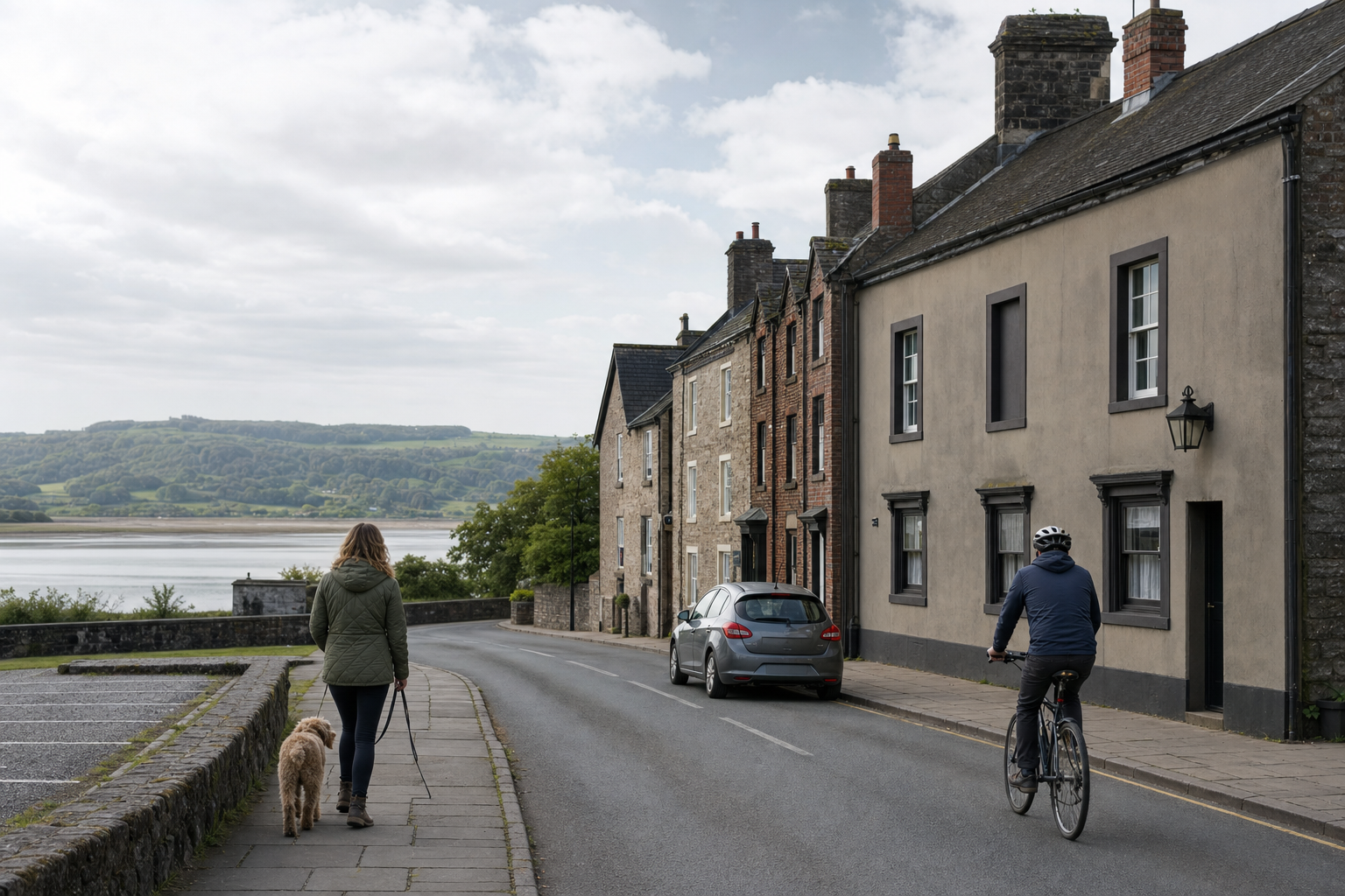 A woman walks her dog along a riverside street, while a cyclist rides past terraced houses.