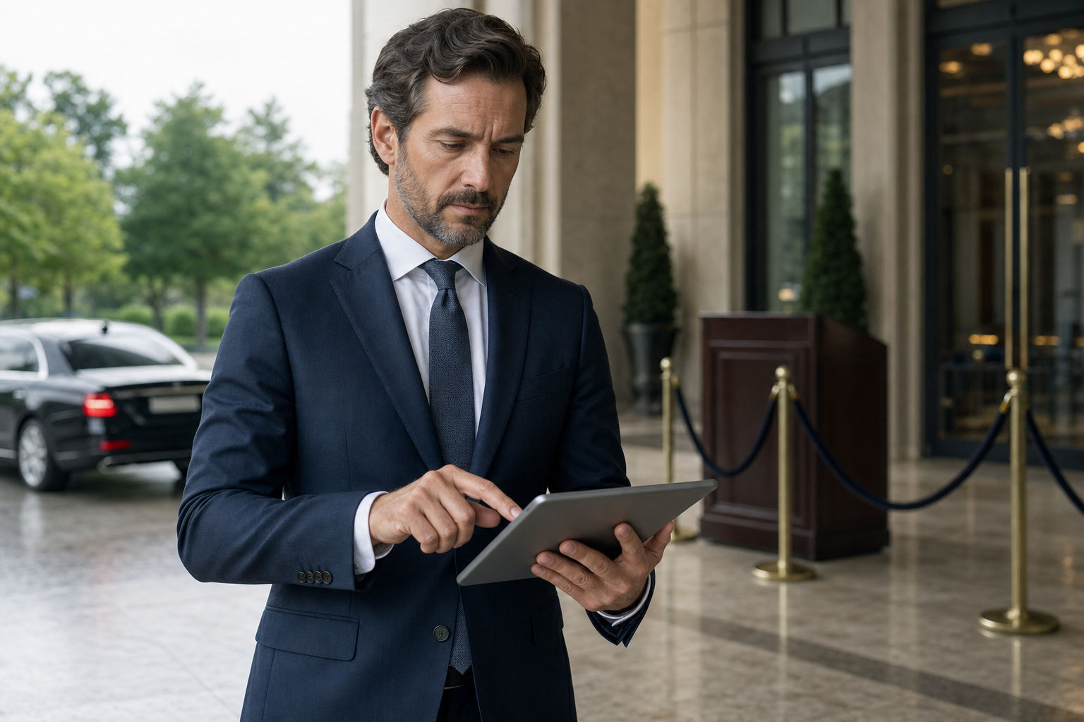 A businessman in a suit uses a tablet outside a building with a parked car in the background.