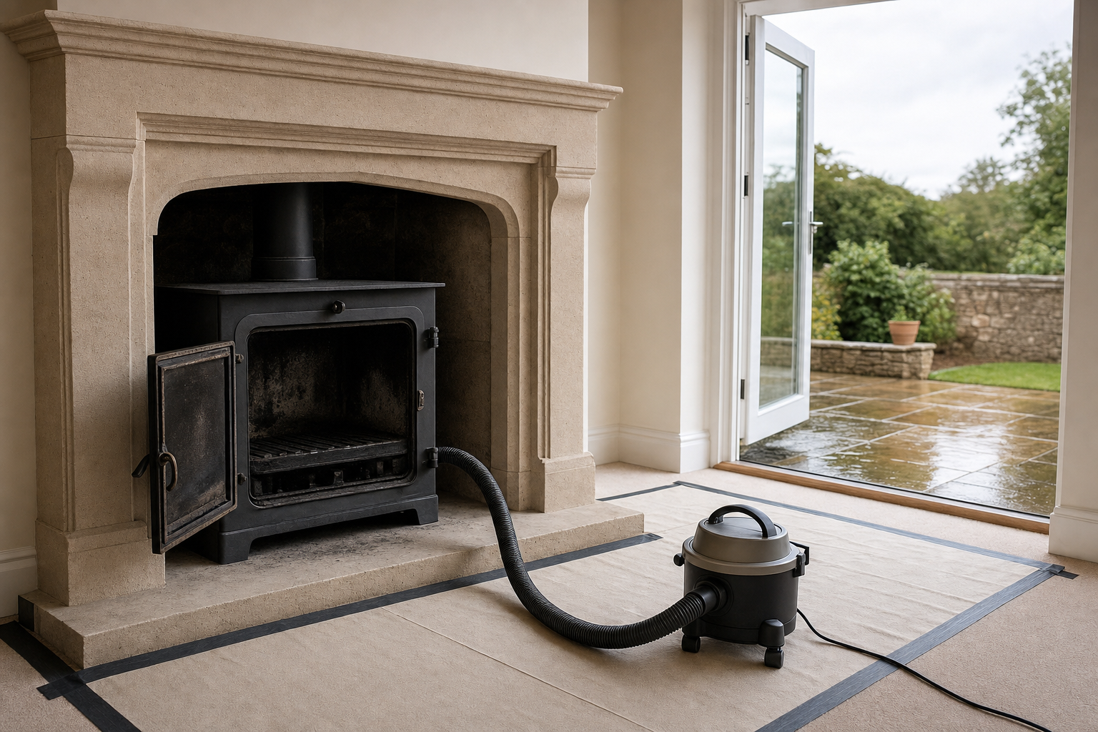A vacuum cleaner hose is connected to an open fireplace, with a garden visible through open patio doors.