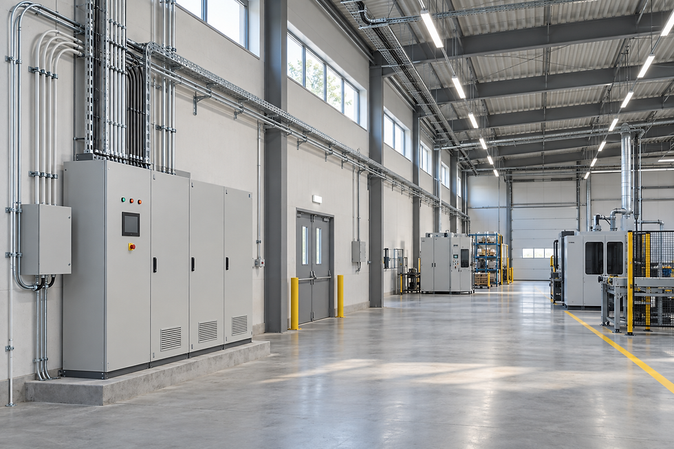 Spacious, modern industrial warehouse with high ceilings and large electrical panels along the wall.