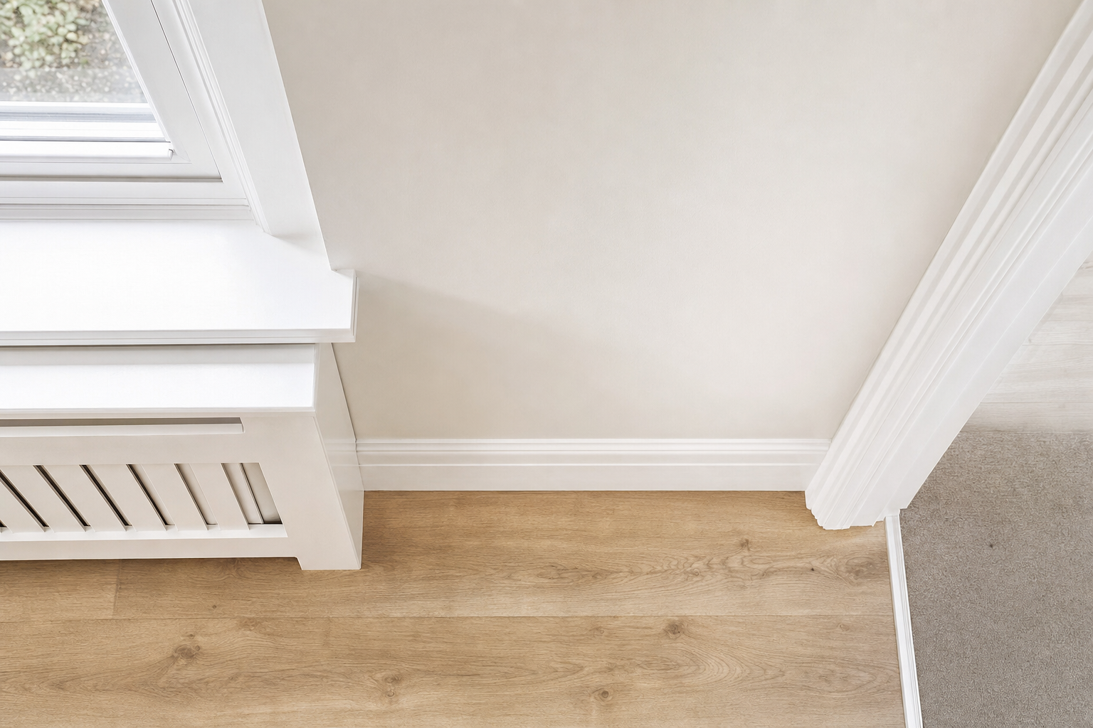 Corner of a room featuring a white radiator cover, light wood flooring, and a transition to carpet.