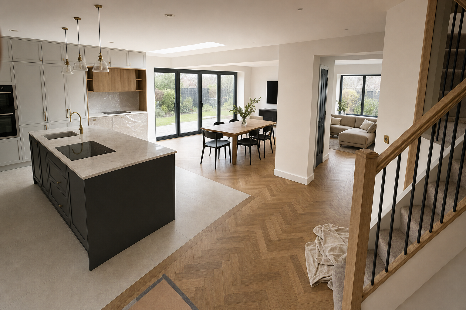 Modern open-plan kitchen and dining area with large windows and wooden flooring, leading to a cosy living room.