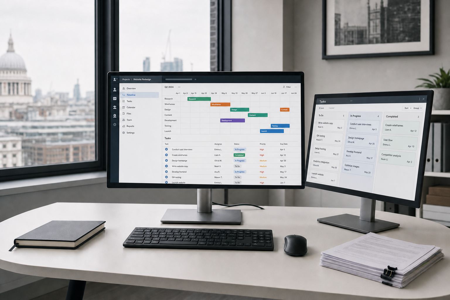 A modern office setup with dual monitors displaying a project management interface, overlooking a cityscape with landmarks.