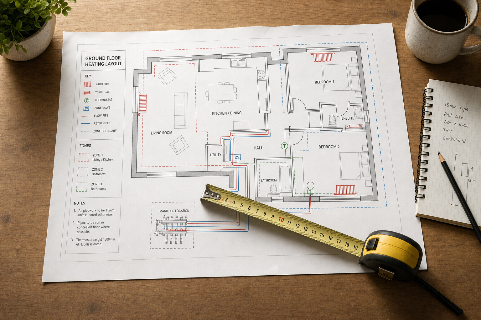 Floor plan of a ground floor heating layout with a tape measure, notebook, plant, and coffee cup on a wooden desk.