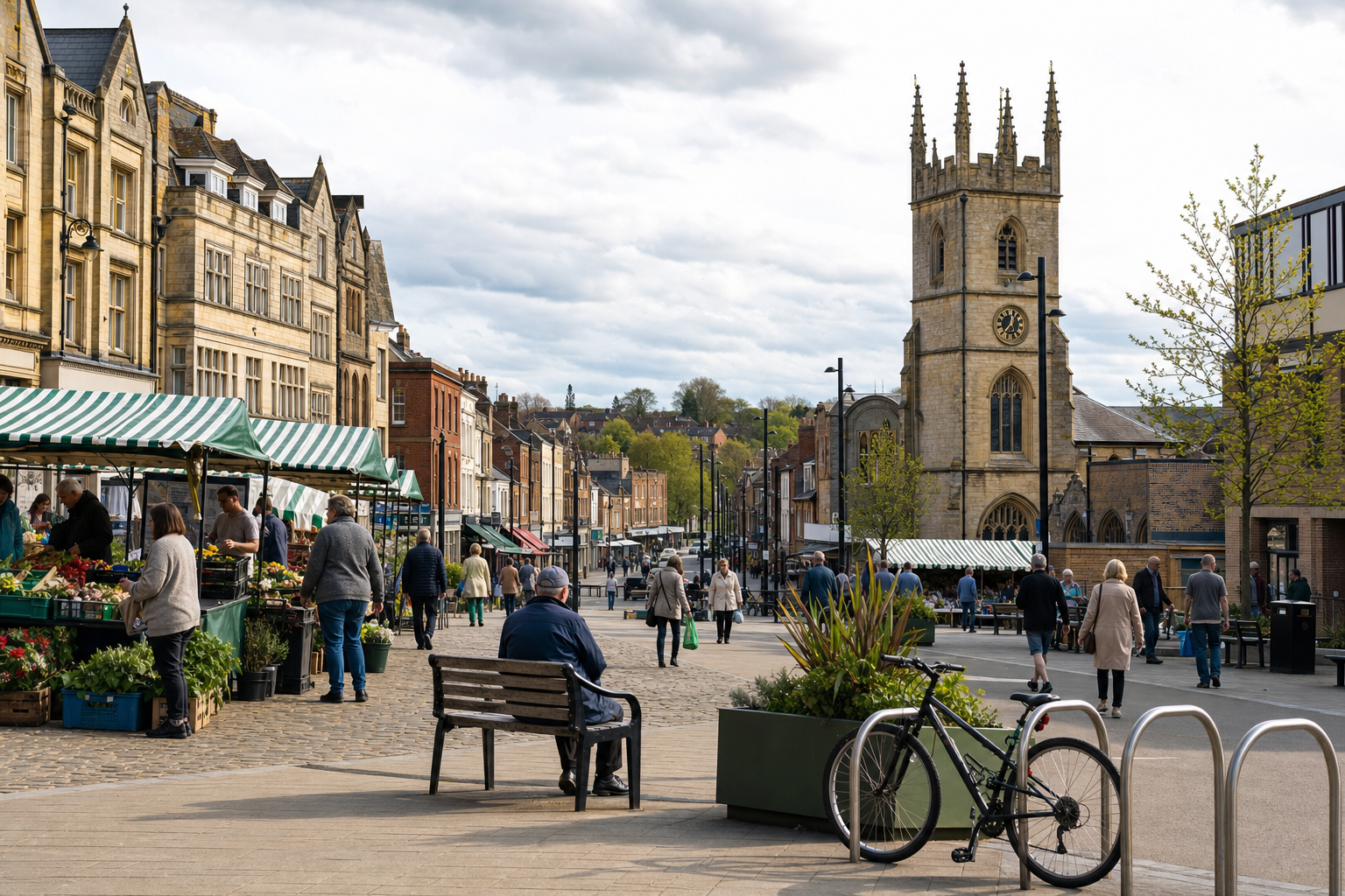 A bustling town centre with market stalls, an old church tower, and people walking on a cobbled street.