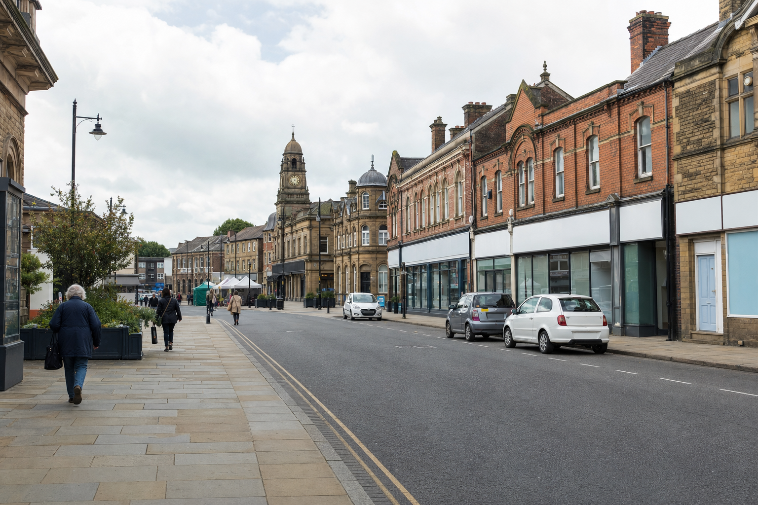 A quiet street scene in a British town with historic buildings, parked cars, and a few pedestrians.