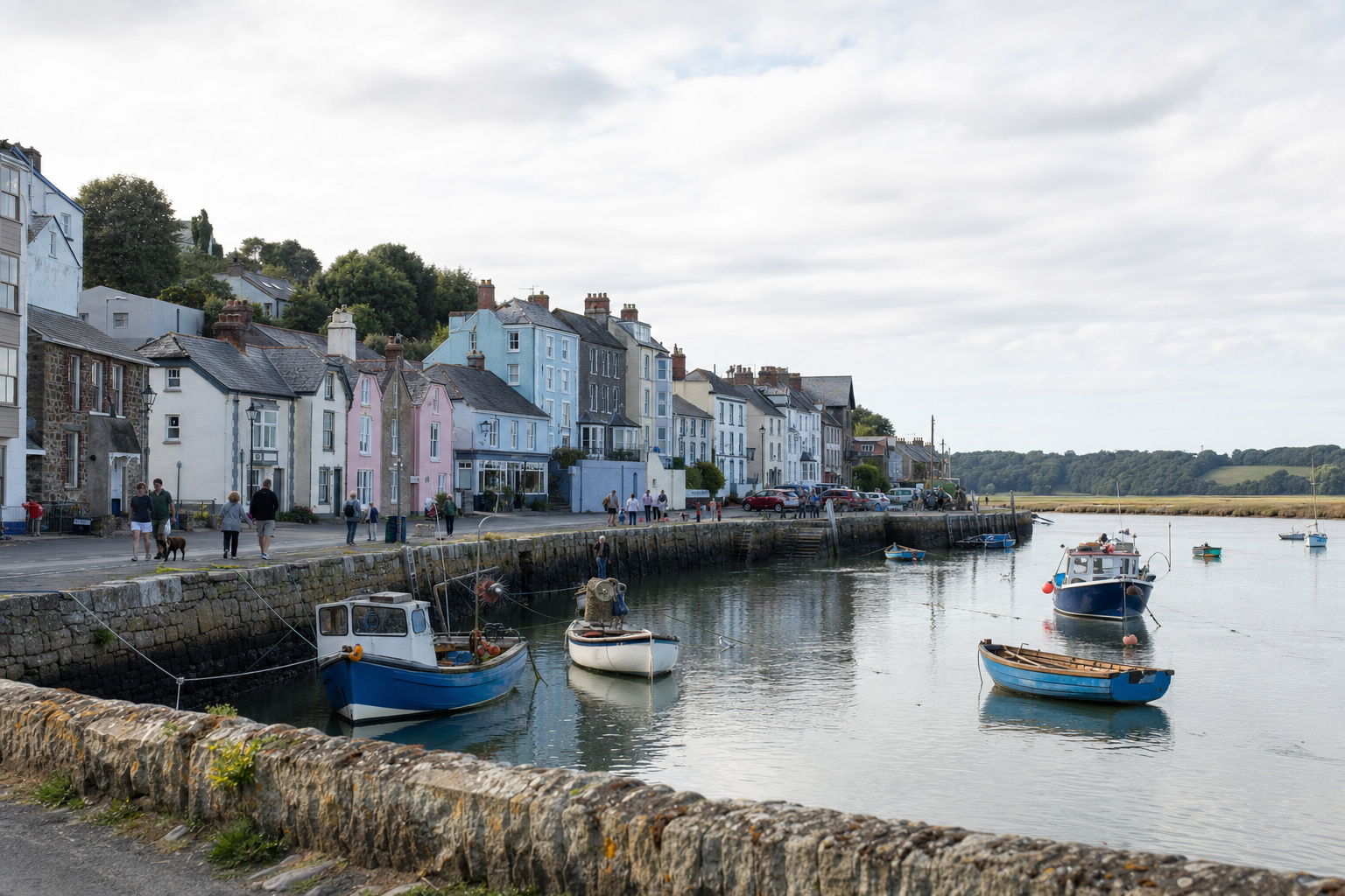 Colourful houses line a harbour with small boats moored on a calm day.