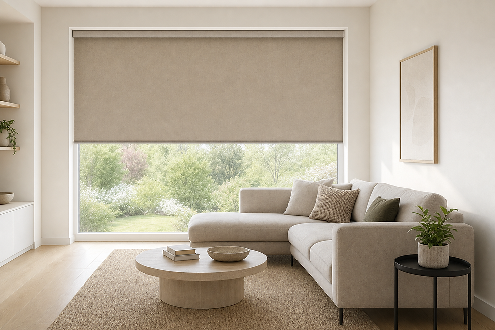 Modern living room with a beige sofa, round coffee table, and a large window covered by a roller blind.
