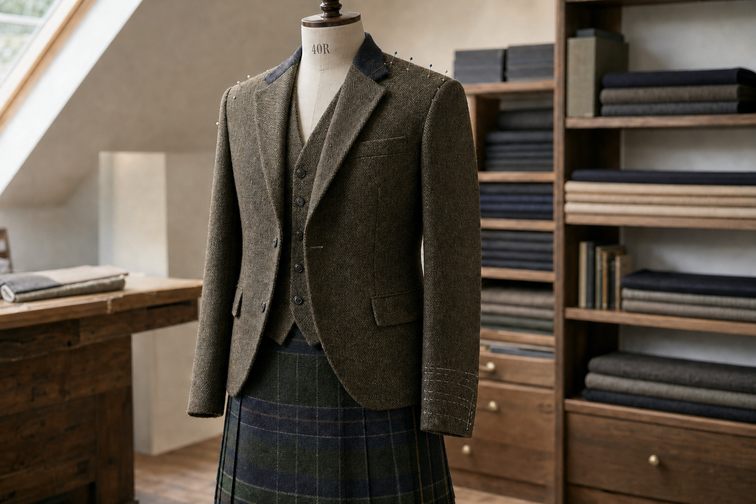 Tailored brown tweed jacket and waistcoat on a mannequin, paired with a kilt in a fabric shop setting.