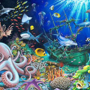 shipwreck with octopus, fish coral treasure chest  sharks.
