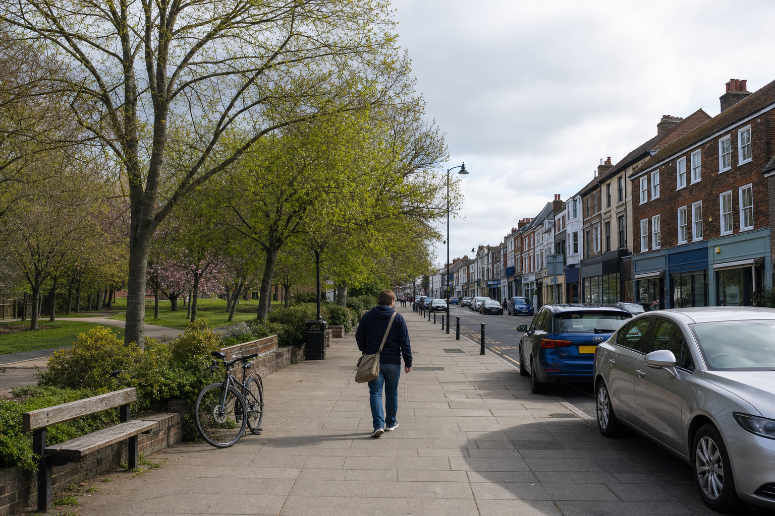 A person walks along a tree-lined street with parked cars and shops on a cloudy day.