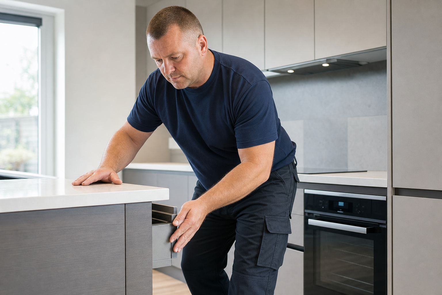 A man in a navy shirt and cargo trousers adjusts a kitchen drawer in a modern kitchen setting.