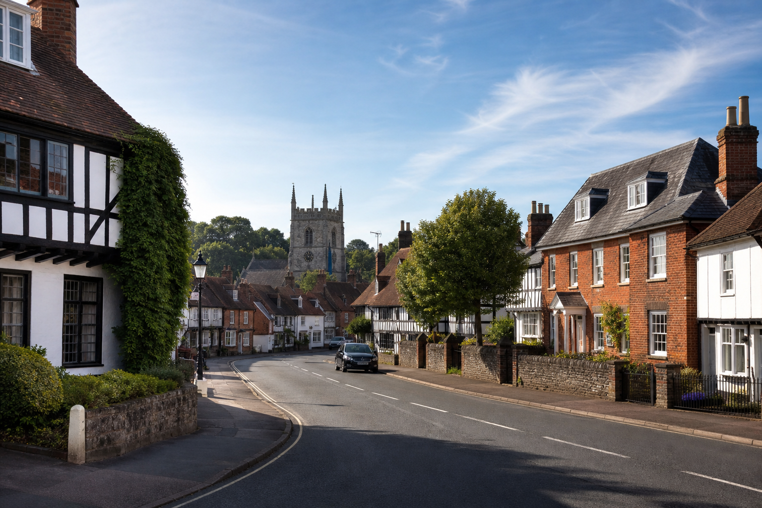Scenic village street with historic buildings and a church tower in the background.