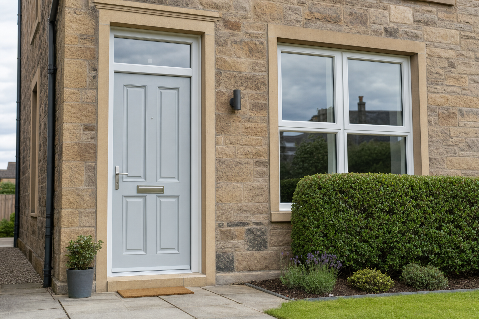 Grey front door of a stone house with a potted plant and well-manicured shrubs nearby.