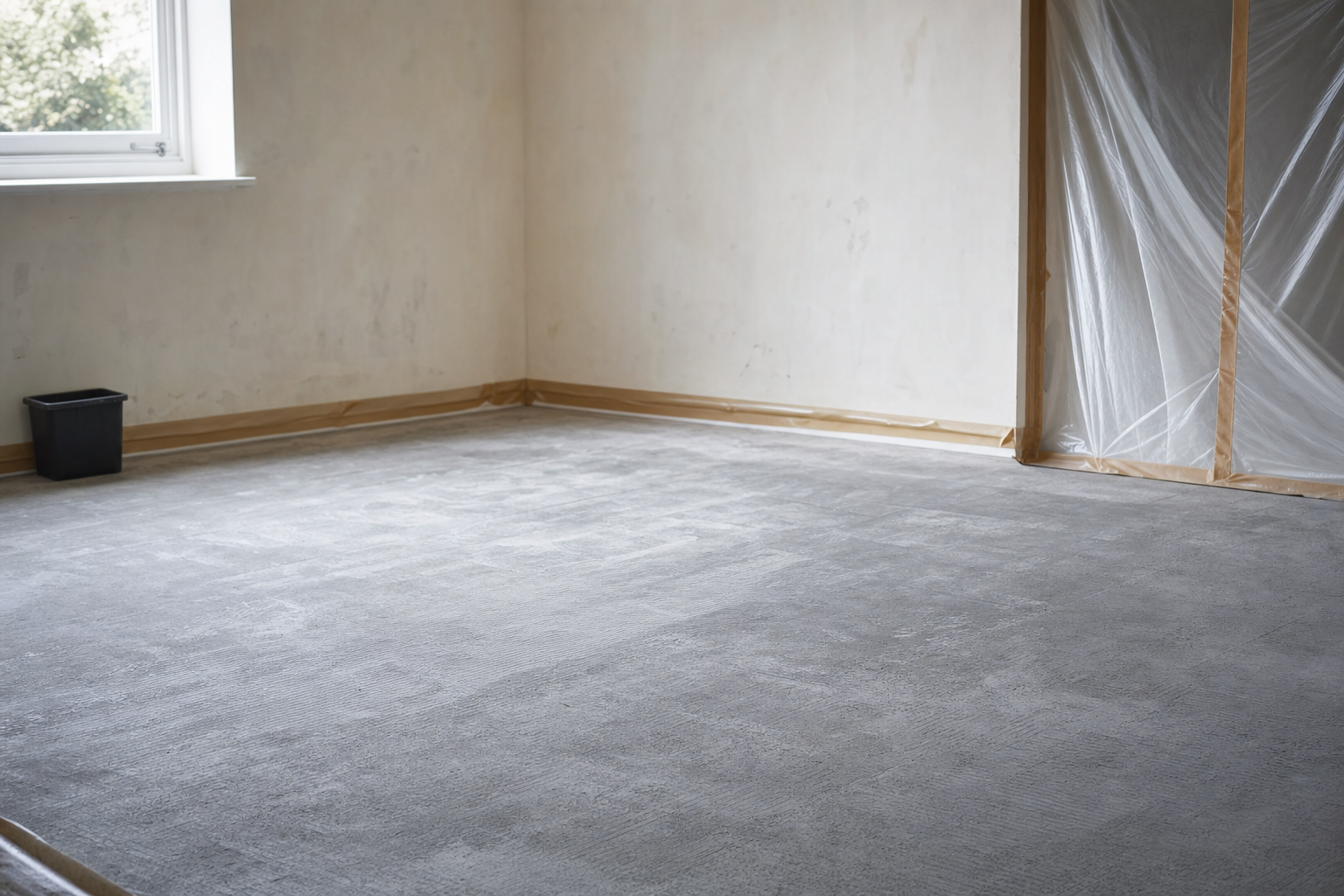 Empty room with a freshly plastered floor, a window, and a door covered in plastic sheeting.