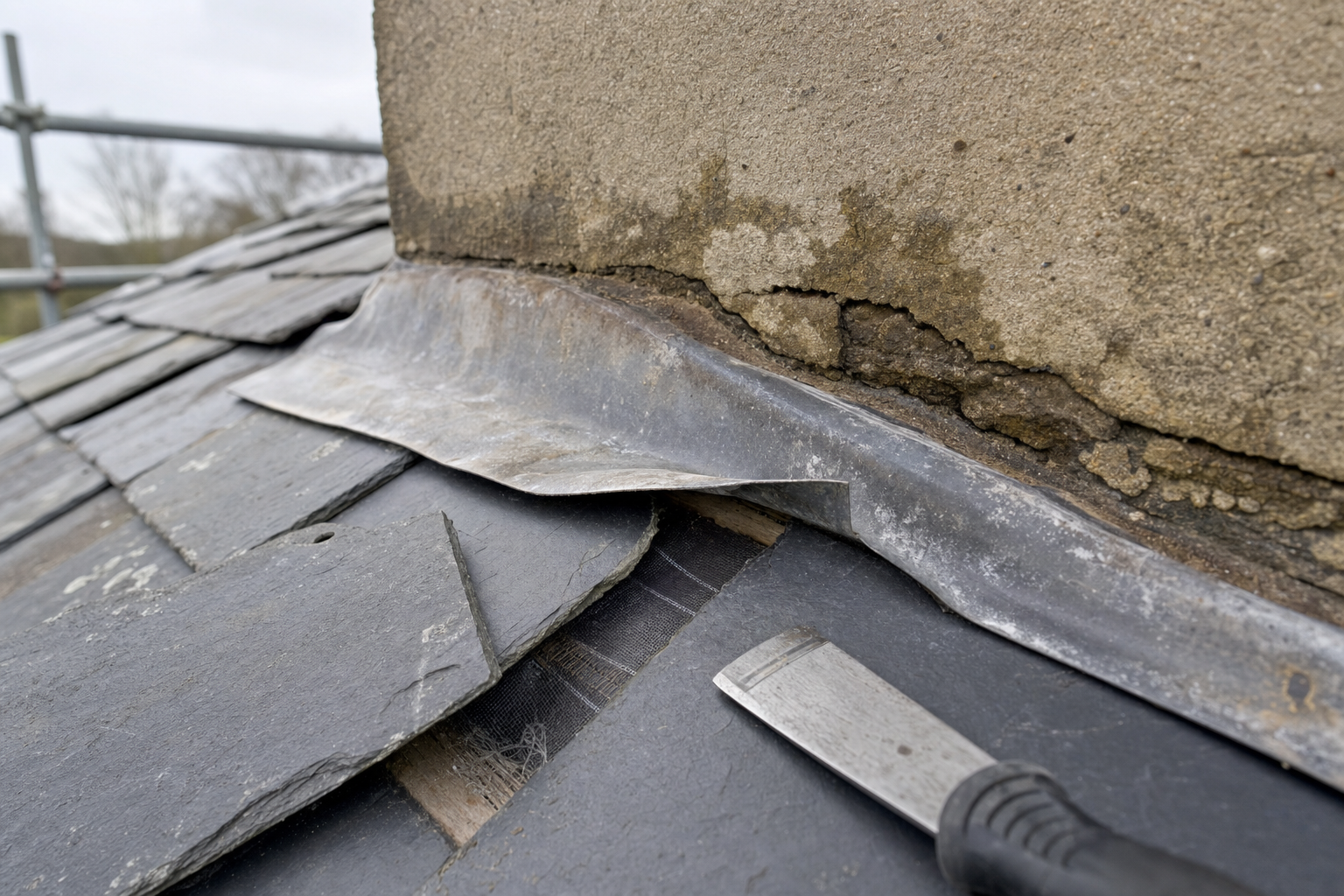 Close-up of damaged roof flashing and weathered shingles next to a chimney, with a chisel lying on the slate tiles.