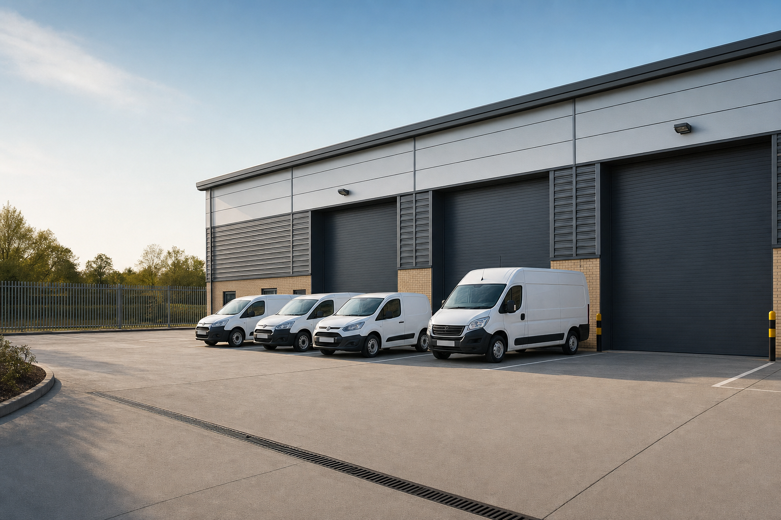Five white vans parked in front of a large industrial warehouse with closed shutter doors.