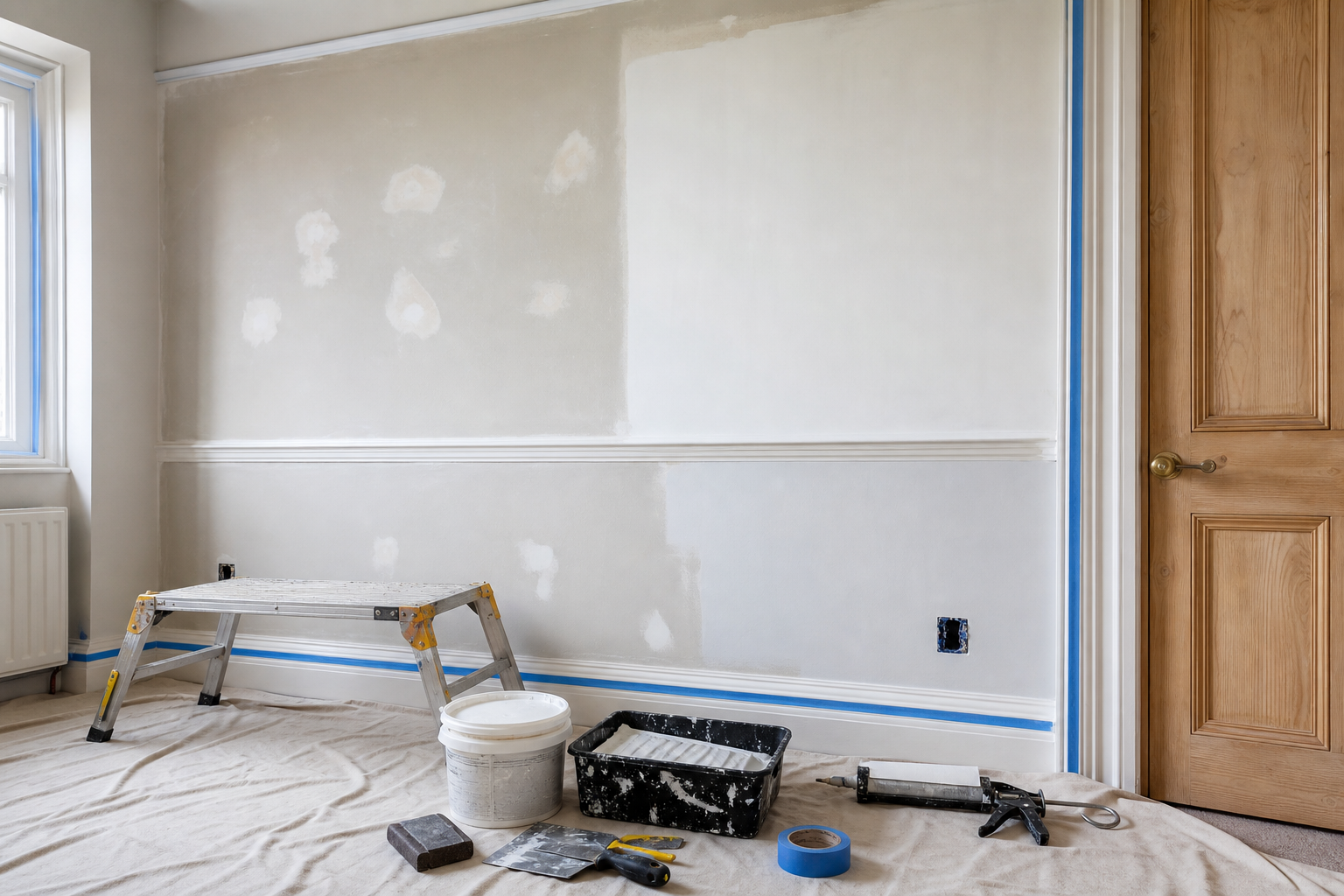 Room being renovated with ladder, paint supplies, and partially painted wall.