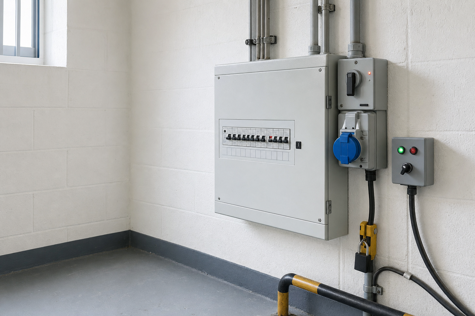 An electrical panel with switches and cables mounted on a white wall in a bright room.