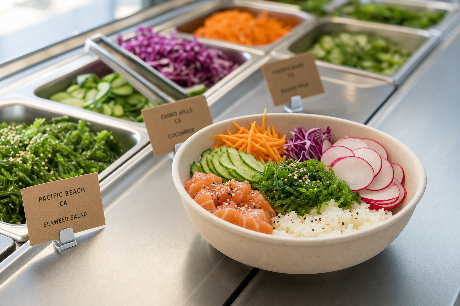A poke bowl with salmon, seaweed, cucumber, radish, carrot, and rice sits in front of a salad bar display.