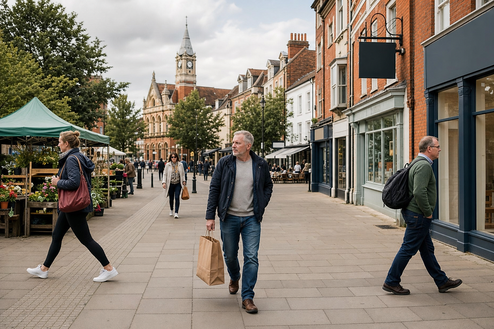 A man carrying a shopping bag walks down a bustling high street with a clock tower in the background.