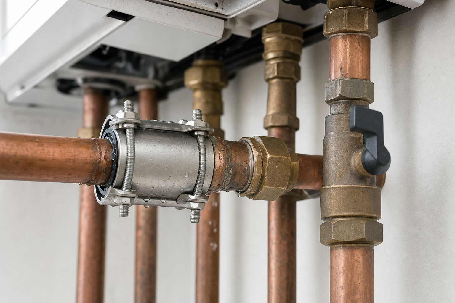 Close-up of copper pipes connected with a metal joint and valve, showing droplets of water.