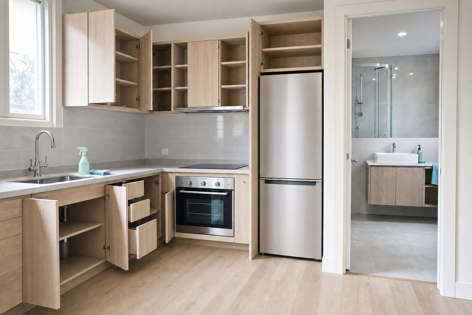 Modern kitchen with open wooden cupboards and drawers, adjacent to a bathroom with a sink and shower.