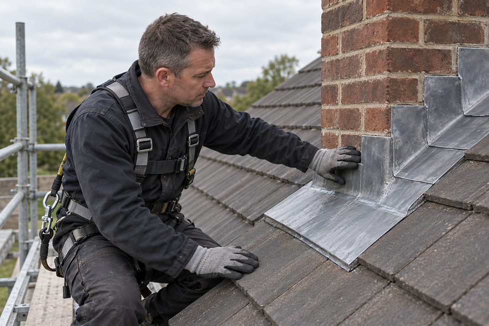 A worker in a safety harness inspects the flashing around a brick chimney on a tiled roof.
