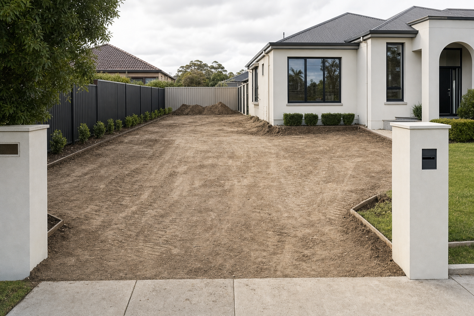 A recently cleared dirt driveway leads to a modern white house with neatly trimmed shrubs.