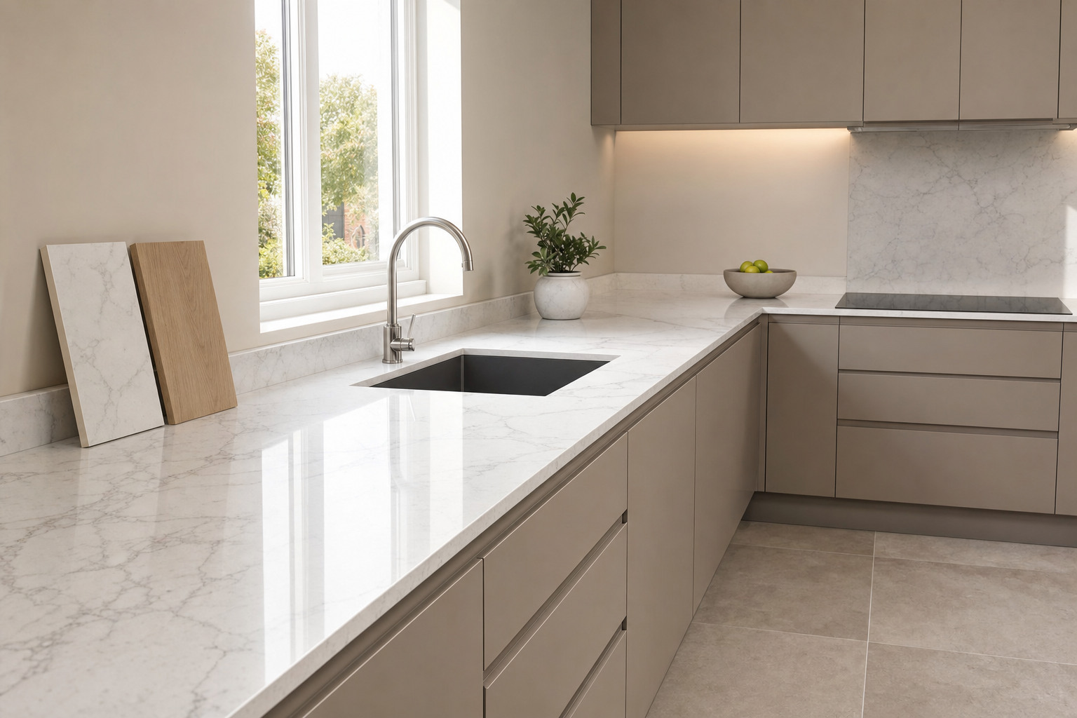 Modern kitchen with light marble countertops, sleek cabinets, a built-in hob, and a window offering natural light.