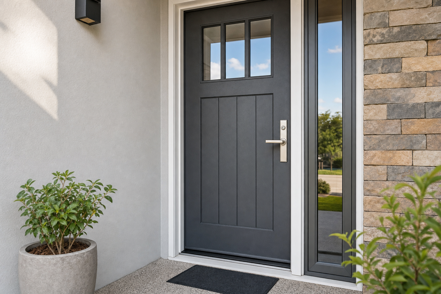 Modern grey front door with glass panels, set in a stone wall, beside a potted plant on a porch.