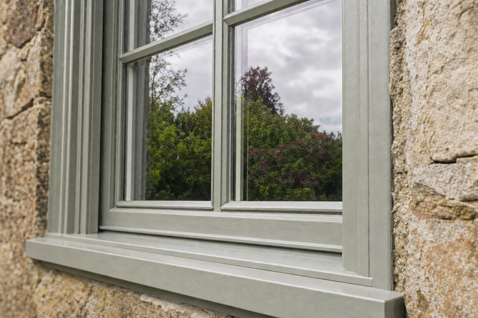 Grey framed window reflecting trees and sky, set in a stone wall.