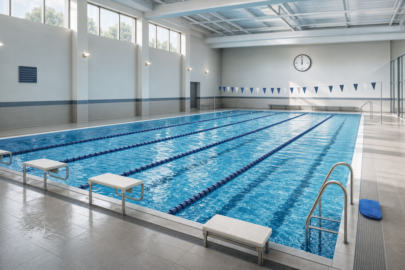 Indoor swimming pool with clear blue water, lane dividers, and a clock on the wall.