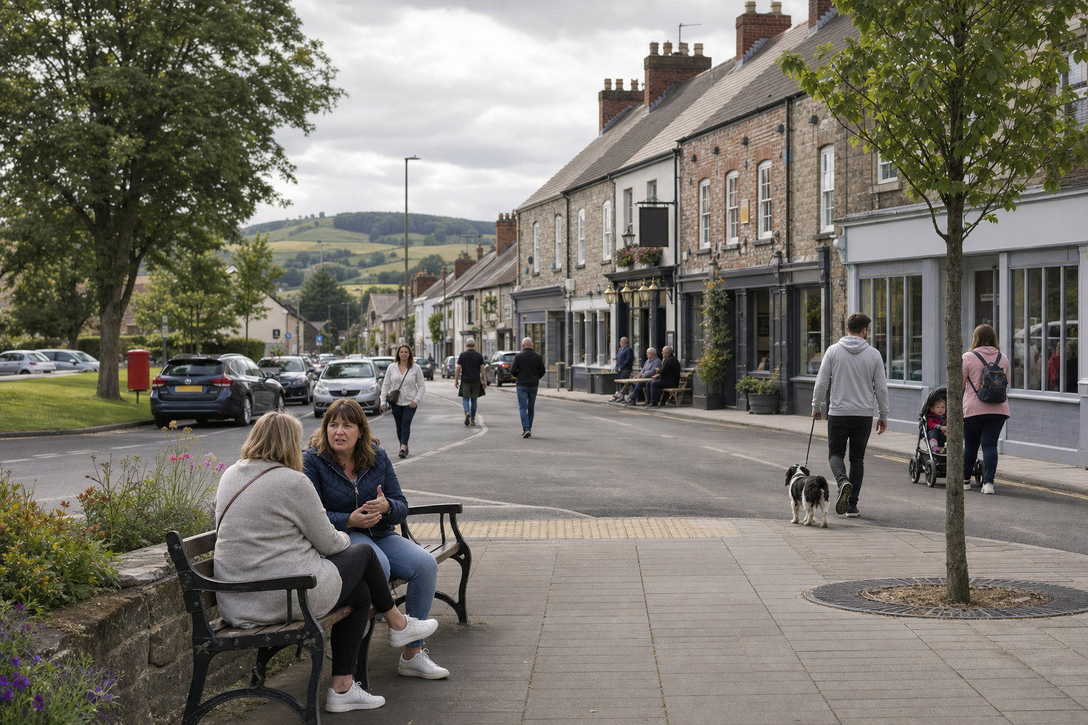 People walking and sitting in a cosy village street with stone buildings, a tree-lined path, and rolling hills in the background.